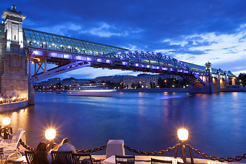 Image showing night cityscape of Moscow with river and illumination bridge And