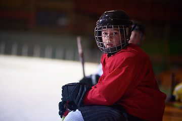 Image showing children ice hockey players on bench