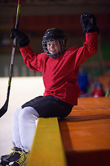 Image showing children ice hockey players on bench