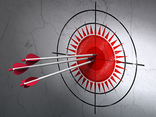 Image showing Tourism concept: arrows in Sun target on wall background