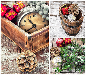 Image showing collage with Christmas decorations and an old alarm clock
