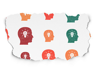 Image showing Marketing concept: Head With Light Bulb icons on Torn Paper background