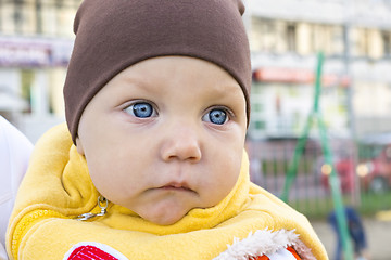 Image showing One year boy sad portrait outside