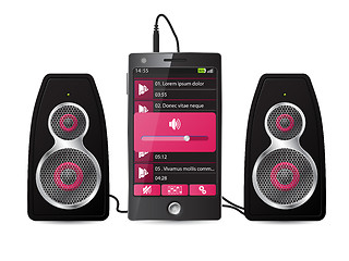 Image showing Stereo speaker set plugged into phone