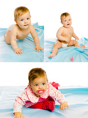 Image showing set of three photos. baby girl on a blue blanket. Studio