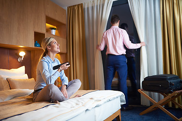 Image showing young couple in modern hotel room