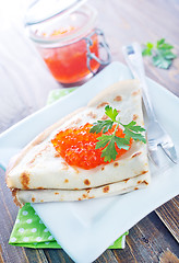 Image showing pancakes with salmon caviar