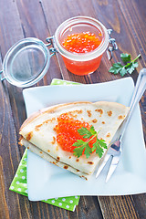 Image showing pancakes with salmon caviar