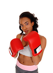 Image showing African american woman wearing boxing gloves.