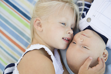 Image showing Little Sister Laying Next to Her Baby Brother on Blanket