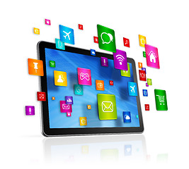 Image showing Tablet PC and flying apps icons