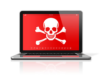 Image showing Laptop with a pirate symbol on screen. Hacking concept