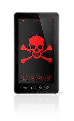 Image showing smart phone with a pirate symbol on screen. Hacking concept