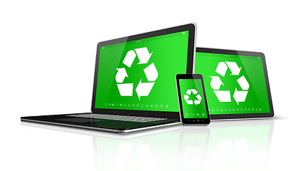 Image showing Laptop tablet PC and smartphone with a recycling symbol on scree