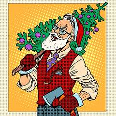 Image showing Hipster Santa Claus with Christmas tree