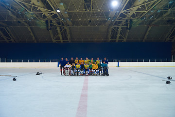 Image showing ice hockey players team meeting with trainer