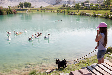 Image showing Little girl with her dog are watching at floating geese