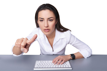 Image showing Business woman pointing at imaginary button