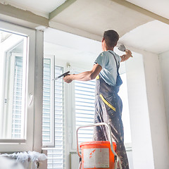 Image showing Plasterer renovating indoor walls and ceilings.