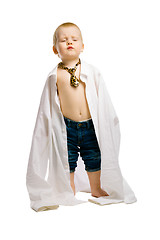 Image showing baby boy in a huge shirt and tie. Studio