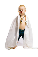 Image showing baby boy in a huge shirt and tie. Studio