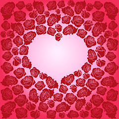 Image showing Heart of dark red roses on a pink background