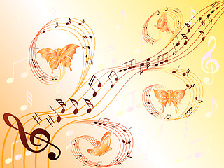 Image showing Musical notes on stave and flying butterflies