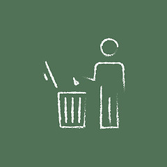 Image showing Man throwing garbage in a bin icon drawn chalk.