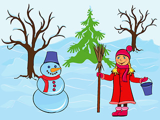 Image showing Child girl and snowman in wintertime