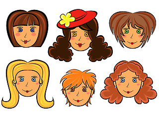 Image showing Set of six cartoon women faces 
