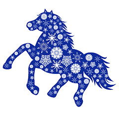 Image showing Blue Horse silhouette with many snowflakes