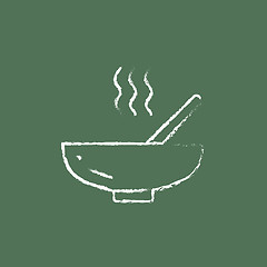 Image showing Bowl of hot soup with spoon icon drawn in chalk.