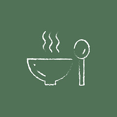 Image showing Bowl of hot soup with spoon icon drawn in chalk.