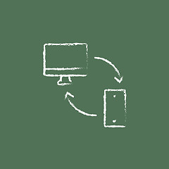 Image showing Synchronization computer with mobile device icon drawn in chalk.