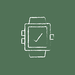Image showing Smartwatch with check sign icon drawn in chalk.