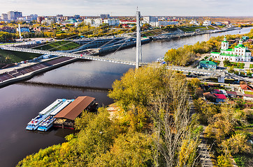 Image showing Pedestrian Lovers Bridge on Tura river. Tyumen