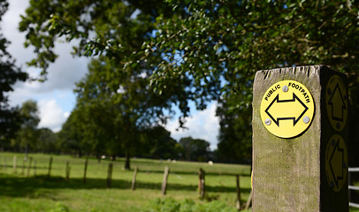 Image showing Public footpath sign points left and right