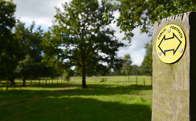 Image showing Public footpath sign points into a field with trees