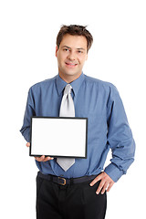 Image showing Businessman or salesman  holding sign
