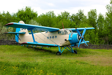 Image showing Old retro airplane on green grass 