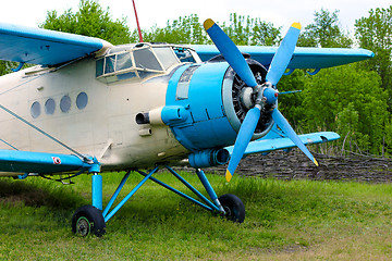 Image showing Old retro airplane on green grass 