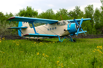 Image showing Old retro airplane on green grass 