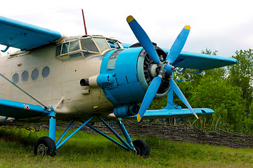 Image showing Old retro airplane on green grass 