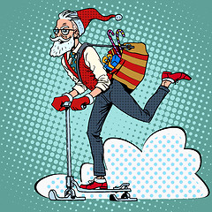 Image showing Hipster Santa Claus spreads the Christmas gifts on a scooter sle