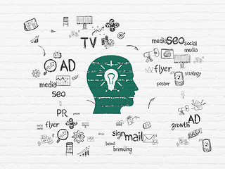 Image showing Advertising concept: Head With Light Bulb on wall background