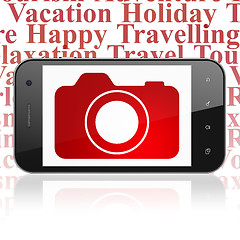 Image showing Vacation concept: Smartphone with Photo Camera on display