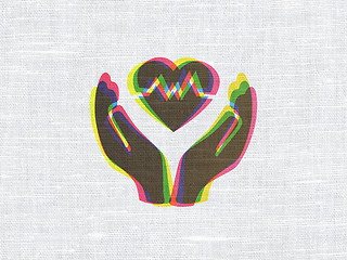 Image showing Insurance concept: Heart And Palm on fabric texture background