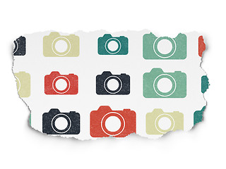 Image showing Tourism concept: Photo Camera icons on Torn Paper background