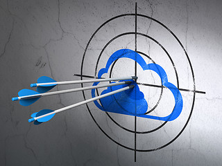 Image showing Cloud technology concept: arrows in Cloud target on wall background