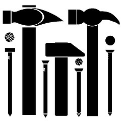 Image showing Set of Different Hammers and Nails